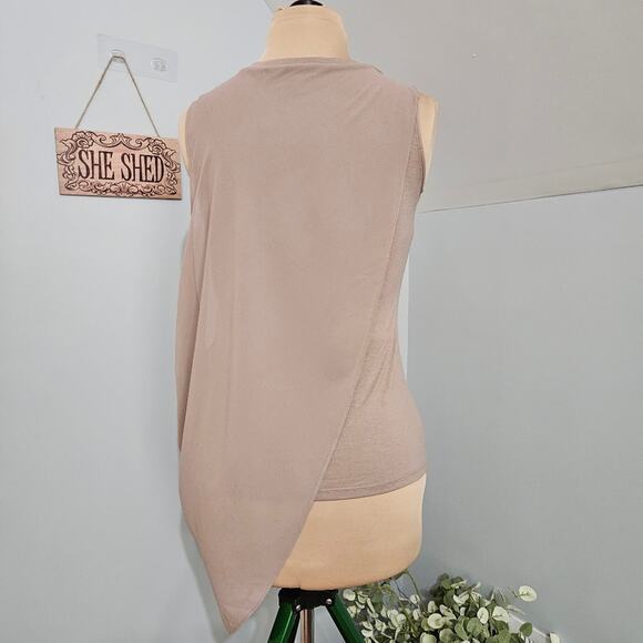 Lisa Rinna Twofer Taupe Asymmetric Chiffon Overlay Jersey Knit Tank Top - Picture 3 of 10